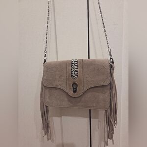 Rebecca Minkoff Suede Fringe Crossbody Bag Embroidered in Taupe
